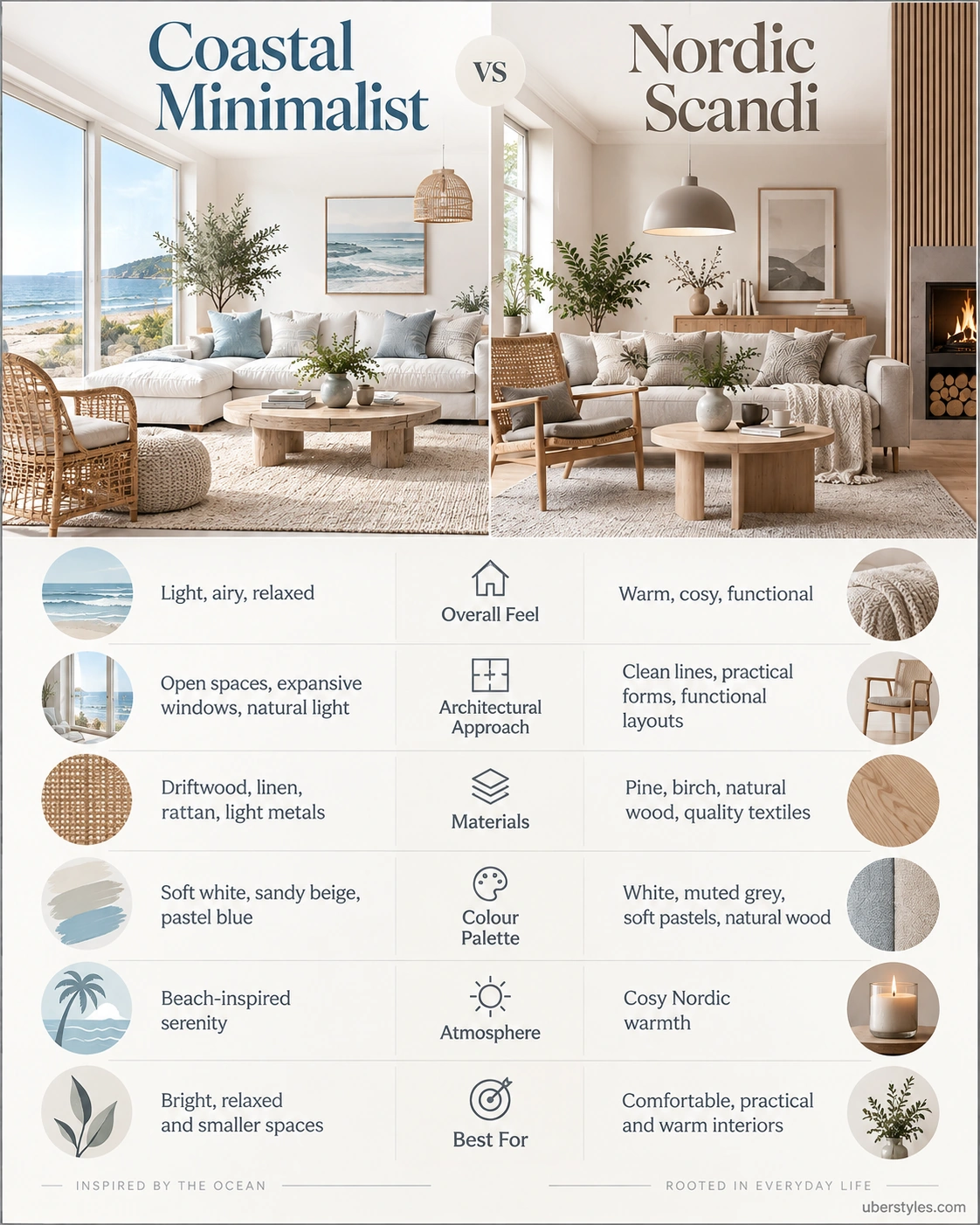 Coastal Minimalist vs Nordic Scandi: Key Differences 3 Infographic comparing Coastal Minimalist and Nordic Scandi design features
