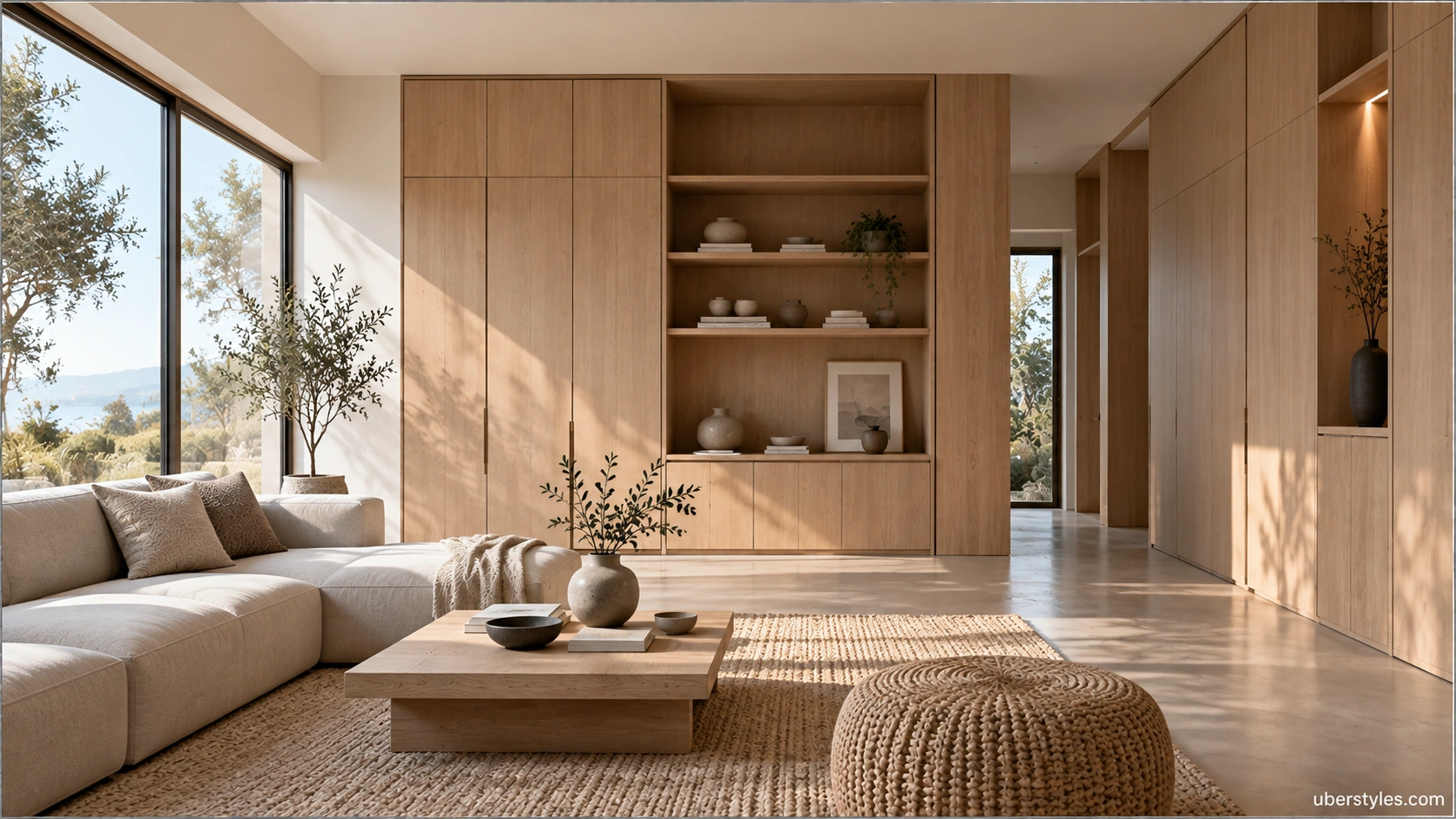 Japandi storage architecture with concealed built-in timber cabinetry