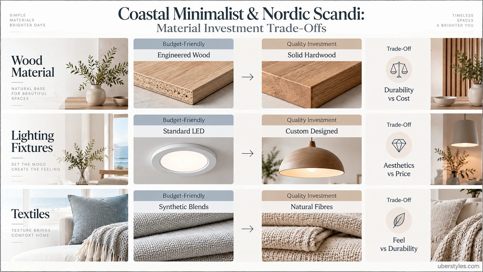 Coastal Minimalist vs Nordic Scandi: Key Differences 4 Material and budget trade-offs for Coastal Minimalist and Nordic Scandi interiors
