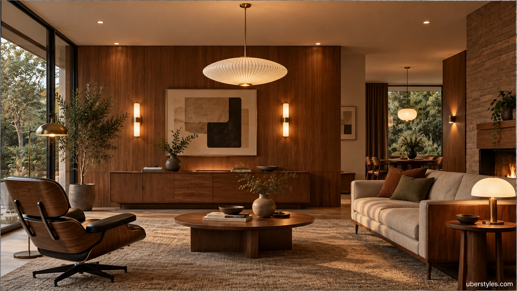 Mid century modern lighting placement in a warm architectural interior