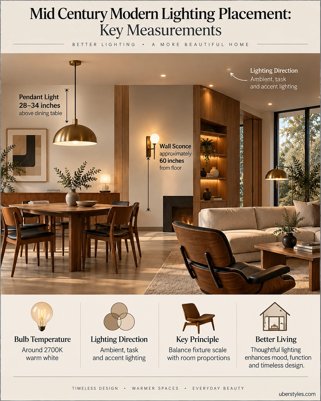Mid century modern lighting placement measurements for pendants and wall sconces